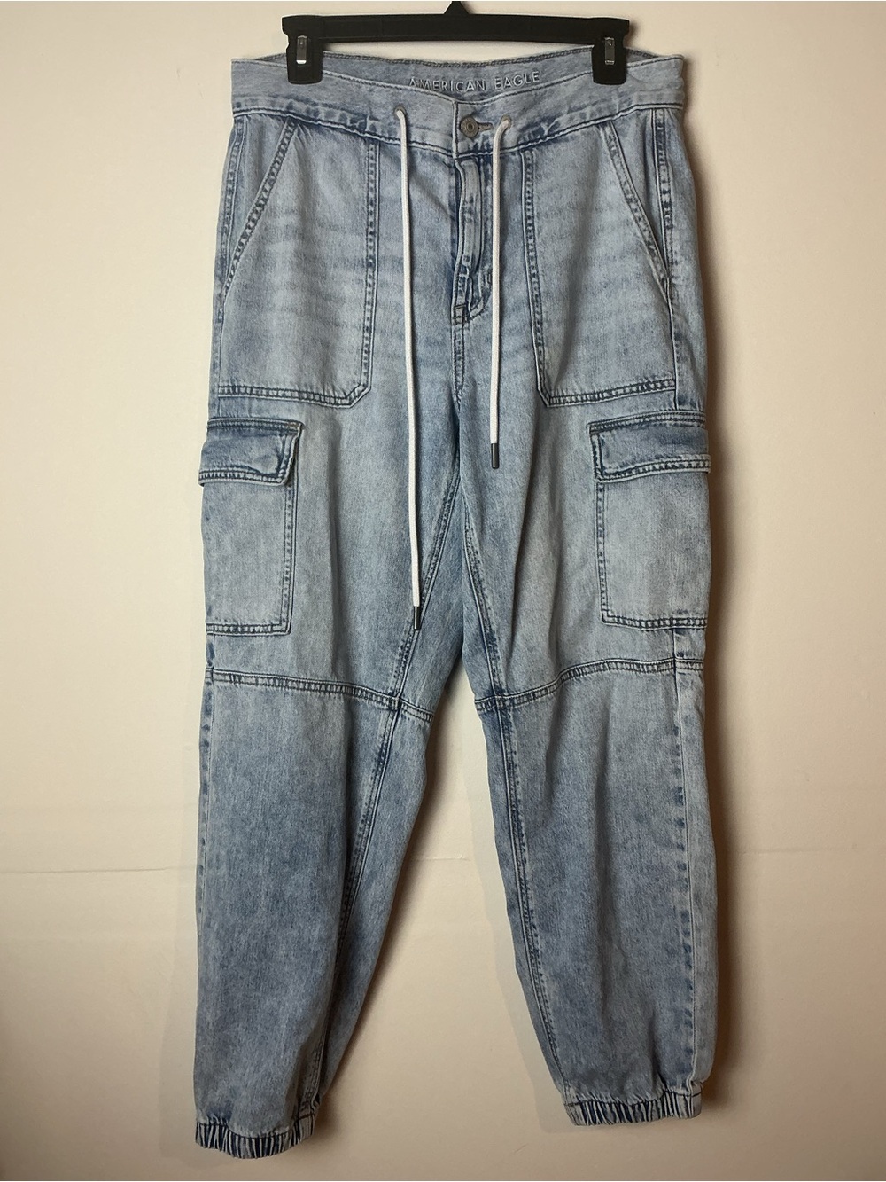 American Eagle Denim Cargo Joggers High Rise Acid Wash Blue Women’s Size 10